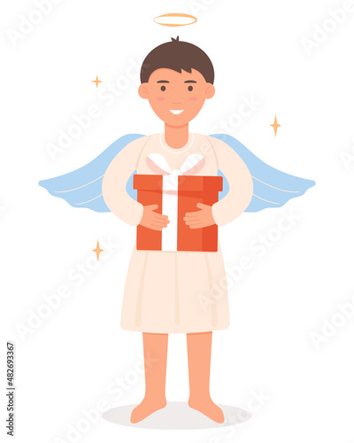 Cute little angel boy holding a gift box in his hands. Angel's day. Vector illustration in flat style