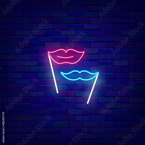 Lips and mustache on a stick neon icon. Masquerade accessory. Diverse photo booth props. Vector illustration