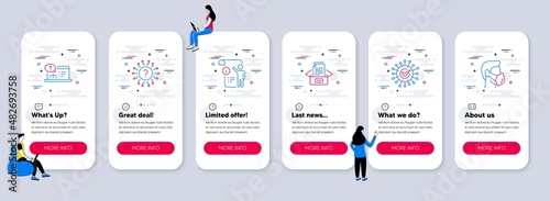 Set of Science icons, such as Online help, Manual doc, Question mark icons. UI phone app screens with teamwork. Documents box, Coronavirus, Medical mask line symbols. Vector