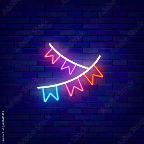 Paper festive garland with flags neon icon. Party decoration concept. Outer glowing effect banner. Vector illustration