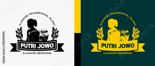 Herbal drink or traditional medicinal drink logo design template in vintage style, silhouette of a woman holding a bottle with leaf and ribbon icon elements. health drink logo illustration