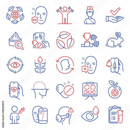 Healthcare icons set. Included icon as Animal tested, Dumbbells workout, Leaves signs. Collagen skin, Face id, Health app symbols. Prescription drugs, Vision board, Gluten free. Eye target. Vector