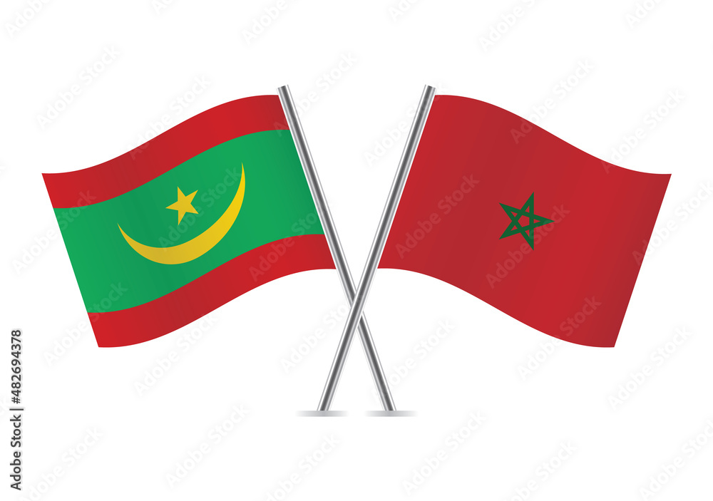 Mauritania and Morocco flags. Mauritanian and Moroccan flags isolated on white background. Vector illustration. Mauritania and Morocco flags. Mauritanian and Moroccan flags isolated on white background. Vector illustration.