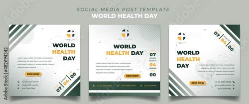 Set of Square social media post template for world health day with white and green background. Social media template with medical exam background.