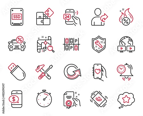Vector Set of Technology icons related to 24h service, Usb stick and Hammer tool icons. Loyalty star, Search map and Reload signs. Video conference, Phone payment and Certificate. Spanner. Vector