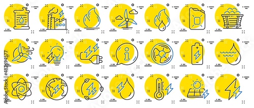 Energy types line icons. Coal Trolley, Solar Panels, Hydroelectric Power icons. Sustainable Electricity, Battery Energy, Fuel canister. Windmill power, Coal mine and Hydroelectricity. Vector
