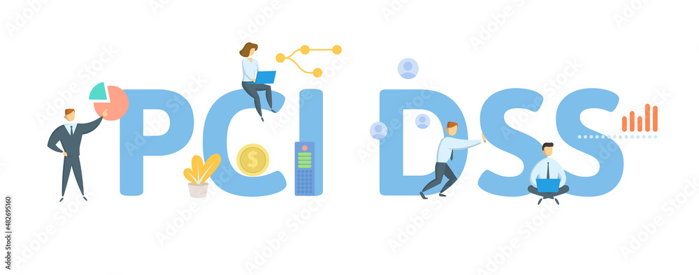 PCI DSS, Payment Card Industry Data Security Standard. Concept with keyword, people and icons. Flat vector illustration. Isolated on white.