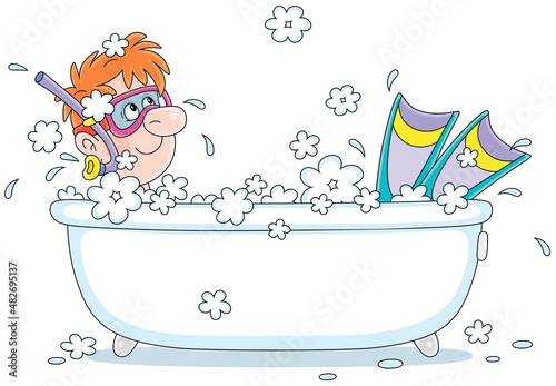 Funny boy diver with a mask, a snorkel and flippers dreaming in a bubble bath and planning his summer vacation, vector cartoon illustration isolated on white background