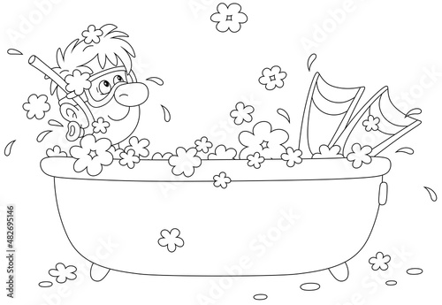 Funny boy diver with a mask, a snorkel and flippers dreaming in a bubble bath and planning his summer vacation, black and white outline vector cartoon illustration for a coloring book page