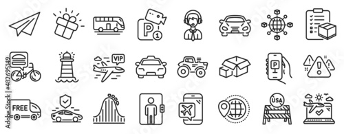Set of Transportation icons  such as Parking security  Tractor  Shipping support icons. Gift  Lighthouse  Roller coaster signs. Flight mode  Elevator  Logistics network. Bus tour  Car. Vector