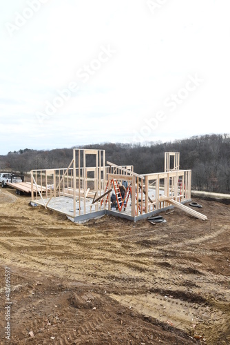 New house construction in the winter, wood framing.
