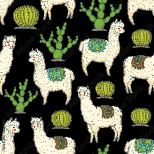 Alpaca seamless pattern. Hand drawn vector illustration. Cute llamas and cactus. Alpaca, llama, cactus background.