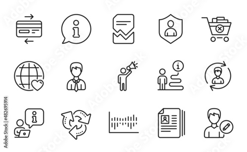 Line icons set. Included icon as Corrupted file, Edit person, Human resources signs. Security, Remove purchase, Businessman symbols. Brand ambassador, Recycle, Cv documents. Credit card. Vector