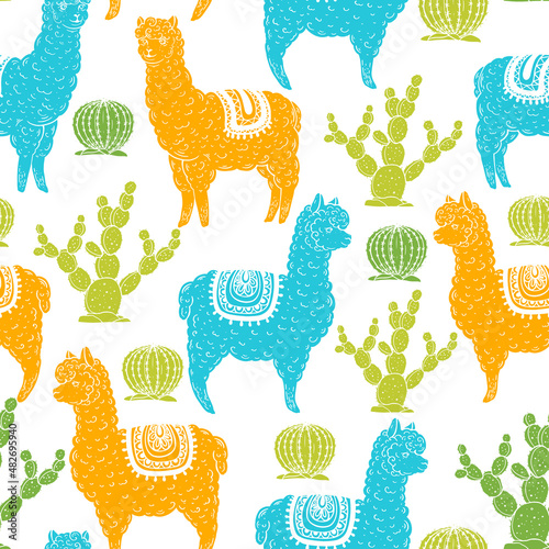 Alpaca seamless pattern. Hand drawn vector illustration. Cute llamas and cactus. Alpaca, llama, cactus background.