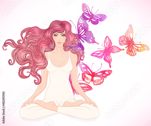 Beautiful Caucasian Girl with long hair sitting in Lotus pose with butterflies on background. Vector illustration. Spa consent  yoga studio  or natural medicine clinic.