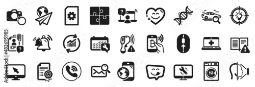 Set of Technology icons, such as Paper plane, Dryer machine, Bell icons. Electronic thermometer, Bitcoin pay, Idea signs. Swipe up, Medical help, Call center. Internet, Smile, Smile chat. Vector