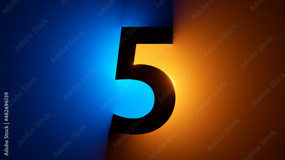 3d render, number five silhouette, digital math symbol, illuminated with yellow blue gradient neon light - obrazy, fototapety, plakaty 