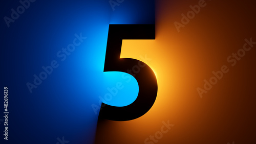 3d render, number five silhouette, digital math symbol, illuminated with yellow blue gradient neon light
