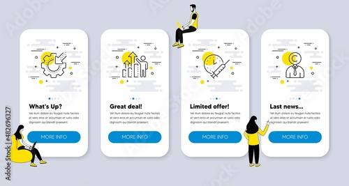Vector Set of Science icons related to Vaccination schedule, Employee results and Seo gear icons. UI phone app screens with people. Copyrighter line symbols. Injection time, Chart, Cogwheel. Vector
