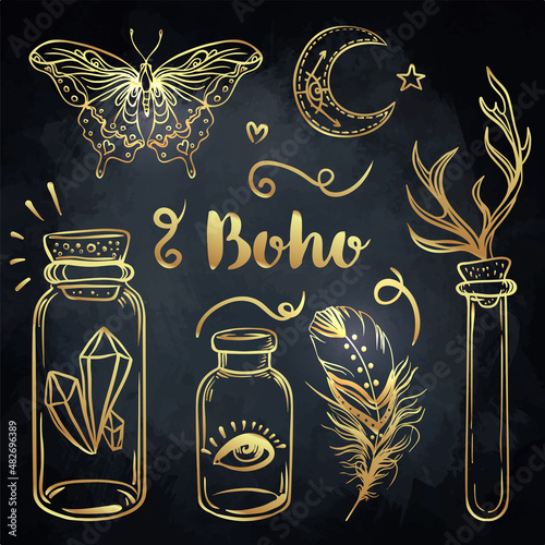 Gypsy Love: Set of Ornamental Boho Style Elements. Vector illustration. Tatto...