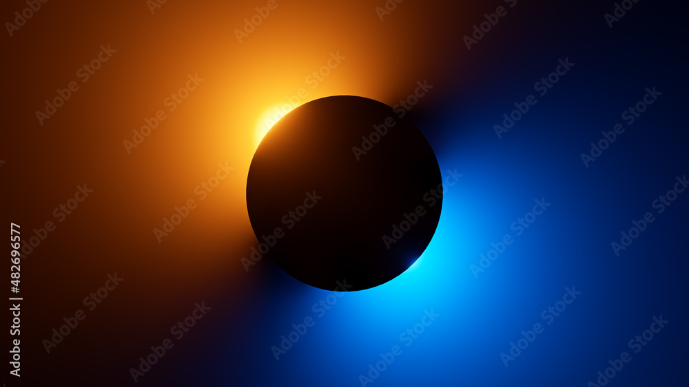 3d render, black round shape silhouette illuminated with yellow blue neon light. Eclipse metaphor, abstract shine concept