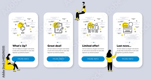 Vector Set of Science icons related to Vaccine report, Chemical formula and Partnership icons. UI phone app screens with people. Recovery ssd line symbols. Vector
