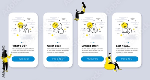 Set of Finance icons, such as Discount button, Atm service, Coins bags icons. UI phone app screens with people. Receive money line symbols. Sale price, Cash investment, Investment. Vector