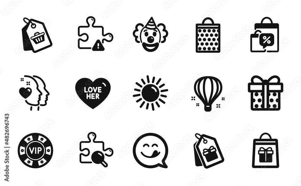 Vector set of Sun, Coupons and Puzzle icons simple set. Vip chip, Yummy smile and Heart icons. Gift box, Air balloon and Shopping bag signs. Sale tag, Clown and Holidays shopping. Vector