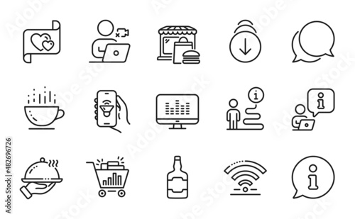 Business icons set. Included icon as Restaurant food, Coffee cup, Scroll down signs. Love letter, Music app, Wifi symbols. Food market, Video conference, Chat message. Music making. Vector