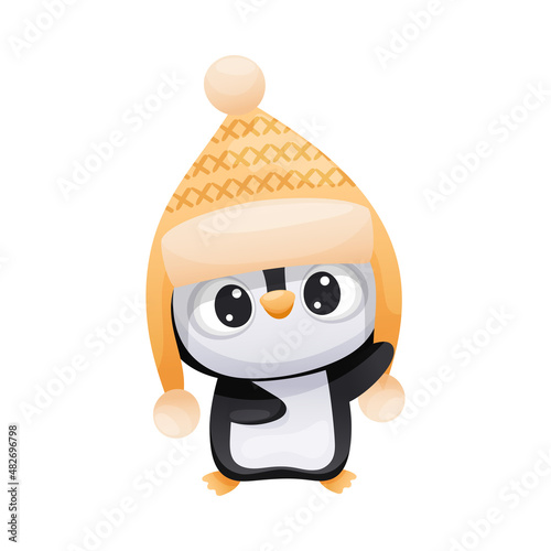 Cute penguin in kintted hat with earflaps. Adorable funny baby bird cartoon character. New year and Christmas design vector illustration