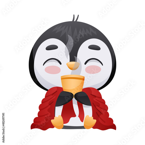 Cute penguin sitting under red blanket and drinking hot tea. Adorable funny baby bird cartoon character. New year and Christmas design vector illustration