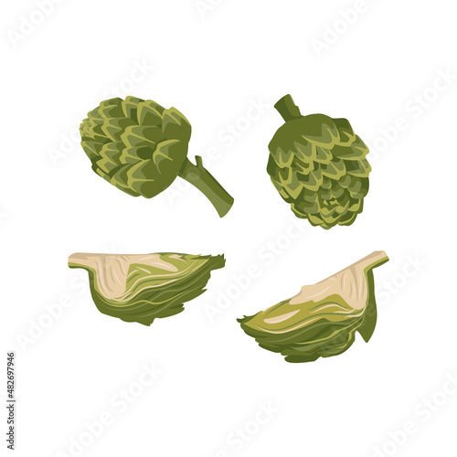Set of green artichoke icons. Whole and part healthy vegetables and leaves, harvesting. Delicious food for salad and cooking. Vector flat illustration