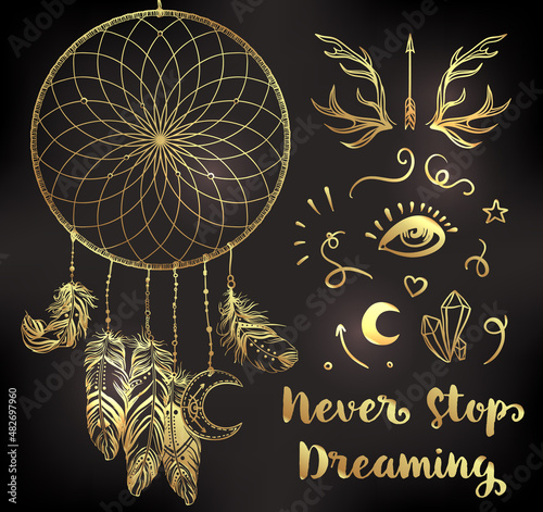 Hand drawn clip art of Native American Indian talisman dream catcher adorned with feathers and moon symbol. Vector illustration isolated on white. Lineart. Ethnic design, mystic tribal symbol.