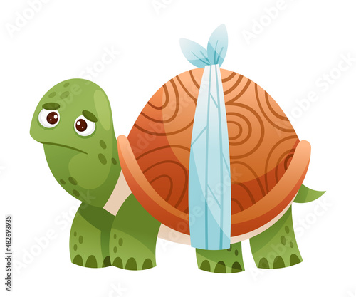 Sick turtle rabbit animal. Sad tortoise with bandage on its shell cartoon vector illustration