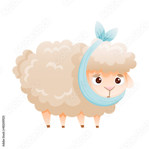 Sick baby animal. Sad sheep with bandage on its head suffering from toothache cartoon vector illustration