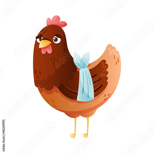 Sick hen farm bird. Sad chicken with bandage on its hen cartoon vector illustration
