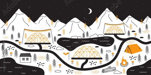 Outline glamping seamless banner. Glamour camping concept with abstract tent spheres, roads, river, trees, mountains. Doodle park hotel landscape map vector illustration