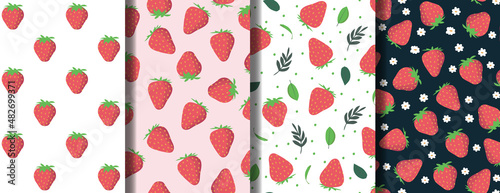Set of strawberry with leaves and flowers vector pattern background. Fruit illustration isolated on background. Seamless background with red strawberries for wrapping paper, wallpaper