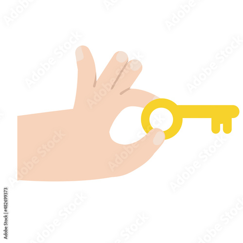 Hand with key. Palm holding or giving a yellow object. Modern trendy flat cartoon illustration isolated on white photo