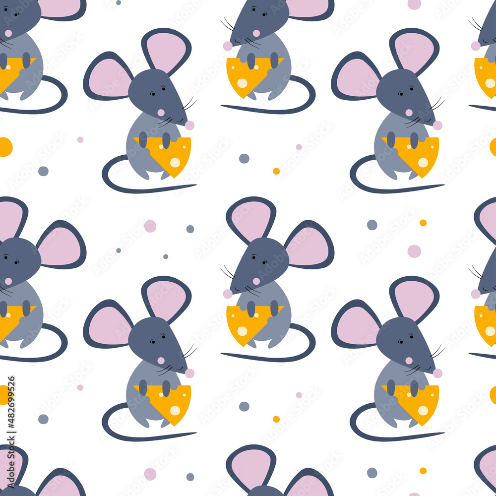 Seamless pattern with cute mouse and cheese in cartoon style Seamless pattern with cute mouse and cheese in cartoon style