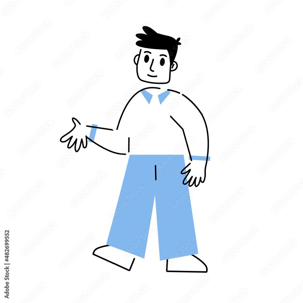 Man is standing. Gesture of greeting. Hi and hello. Modern trendy geometric character. Outline cartoon illustration on white background