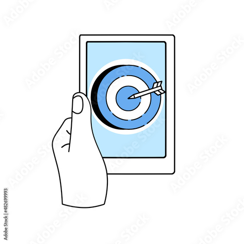 Target with purpose and dart in tablet. Aim shooting and purposefulness. Gadget in hand. Outline cartoon illustration.