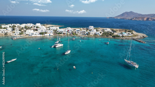 Aerial drone photo of picturesque Pollonia a quiet, family -friendly village on the north-east corner of Milos island, Cyclades, Greece