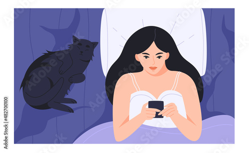 Girl using smartphone in bed banner design. Woman suffering from insomnia due to blue light flat illustration. Disrupted circadian rhythms, nightmares, depression, night worries background.