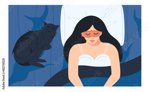 Woman sleeping in satin mask flat illustration. Accessory for good rest, insomnia banner design. Female character with nightwear background.