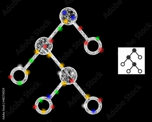 Glowing network binary chart nodes with colorful lightspots. Illuminated vector frame created from binary chart nodes symbol. Sparkle frame polygonal binary chart nodes, on a black backgound.