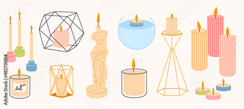 Candles simple elements collection. Glowing wax, paraffin figures flat isolated set. Different spa and aromatherapy equipment in trendy flat design