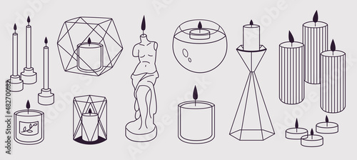 Candles outline elements collection. Glowing wax, paraffin figures contour isolated set. Different spa and aromatherapy equipment in line art design