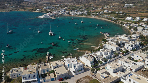 Fototapeta Naklejka Na Ścianę i Meble -  Aerial drone photo of picturesque Pollonia a quiet, family -friendly village on the north-east corner of Milos island, Cyclades, Greece
