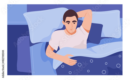 Tired man suffering from insomnia flat illustration. Difficult with sleep, depression, and anxiety disorders banner design. Sleeplessness, sleep apnea, nightmares background.